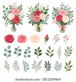 Bright pink and white flowers arranged in a decorative bouquet with green foliage and stems