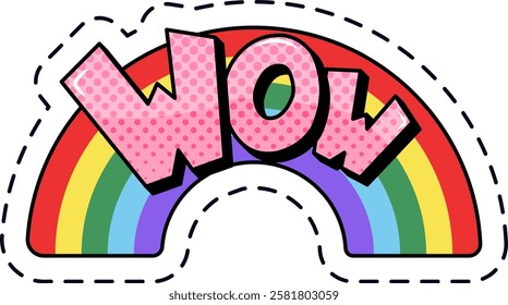 Bright pink wow pop art lettering set against a vibrant rainbow, surrounded by a dotted background and bordered with playful dotted lines, capturing feelings of surprise and amazement