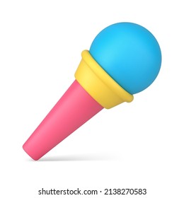 Bright Pink Yellow Blue Microphone Icon 3d Vector Illustration. Music Mic For Professional Singer, Radio Leading, Loud Voice Speaking Isolated. Modern Equipment Technology For Stage Communication