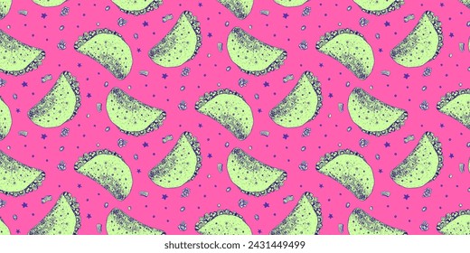 Bright pink and yellow colors seamless pattern with sketch Mexican taco. Engraving acid lime and magenta sketch pop art tacos texture for fast food textile, wrapping paper, package, menu banners