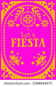 Bright pink and yellow festive design with Let's Fiesta text in bold lettering. Decorative floral and ornamental elements enhance the celebratory theme. Vector illustration