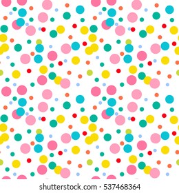 Bright pink, yellow, green, blue, red messy dots on white background. Festive seamless pattern with round shapes. Grunge dotted texture for wrapping paper, web. Vector illustration.