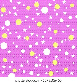 Bright Pink-Yellow Design Pattern with Spluttering and Stars. Can be used as pattern for anime, cartoons, comics background or as a fabric, cushion, curtain, wallpaper, carpet, tile, laminate for kids