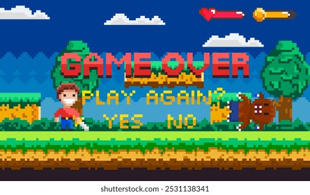 Bright pixel art design with Game Over text, character, forest background, and options to play again or quit. Ideal for video games, nostalgia, pixel art, retro design, and game development themes