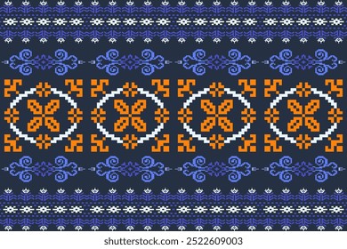 Bright Pixel Art Fabric Pattern with Geometric Square.Ethnic fabric pattern.Embroidery Cross Stitch.Perfect for Craft,Scarve,Shirt,Pant, Tablecloth,Tiles, Blanket,Background