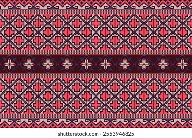 Bright Pixel Art Fabric Pattern with Geometric Square.Ethnic fabric pattern.Embroidery Cross Stitch.Perfect for Craft,Scarve,Shirt,Pant, Tablecloth,Tiles, Blanket,Background