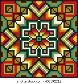 Bright pixel art floral pattern. Vintage decorative stitching pillow. Vector illustration