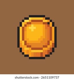 Uma moeda de ouro brilhante pixel art com uma borda grossa e centro brilhante, projetado em um estilo retro de 16 bits. Ideal como moeda colecionável ou saque em fantasia, RPG ou jogos de aventura com tema.