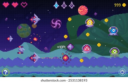 Bright pixel art scene showcases a spaceship navigating through outer space collecting points. Background includes planets, enemies, and a lush alien landscape. Ideal for gaming, retro themes