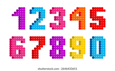 Bright pixel bead numbers 0 to 9 in colorful style. Fun and vibrant digital number set for educational, craft, or kid-themed design projects.
