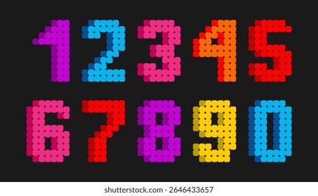 Bright pixel bead numbers 0 to 9 in colorful style. Fun and vibrant digital number set for educational, craft, or kid-themed design projects.