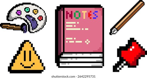 Bright pixel icon set showing paint palette, pink notebook with colorful text, pen, smiling alert sign, and heart pin on white background. Concept of learning through emotion and fun
