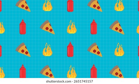 Fatias de pizza de pixel brilhante, pratos e chapéus de chef dispostos em um fundo vermelho vivo. Um visual perfeito para cozinhas digitais, blogs gastronômicos e design de menus on-line.