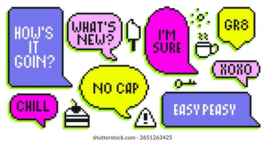 Bolhas de fala de pixel brilhantes em cores neon - caixas de diálogo coloridas com mensagens de texto casuais, efeitos cintilantes, ícone do bolo para bate-papo de jogo retro, sobreposições de streaming ou interface de comunicação digital