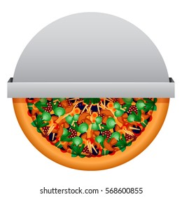Bright pizza in a round box on a white background. Template or logo for the pizza delivery service.