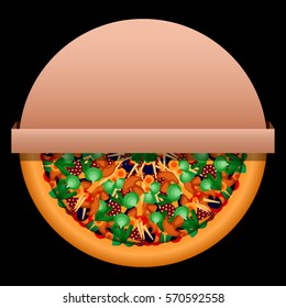 Bright pizza in a round box on a black background. Template or logo for the pizza delivery service.