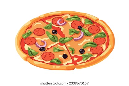 Bright pizza with sausage in cartoon style. Vector illustration for design and decoration.