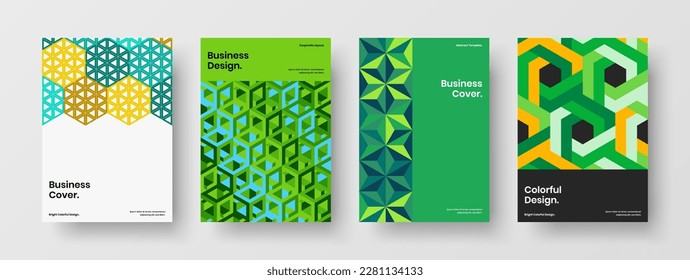 Bright placard A4 design vector layout composition. Vivid geometric shapes pamphlet illustration bundle.