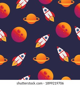 bright planets and rocket. child's drawing of space. flat vector pattern on space theme. universe with planets and rocket