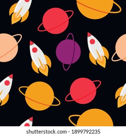 bright planets and rocket. child's drawing of space. flat vector pattern on space theme. universe with planets and rocket