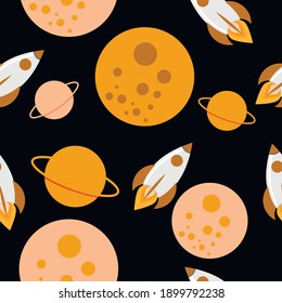 bright planets and rocket. child's drawing of space. flat vector pattern on space theme. universe with planets and rocket