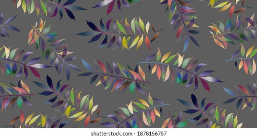 Patrón ininterrumpido de planta brillante. hojas transparentes y coloridas sobre un fondo oscuro. Patrón de decoración y diseño de tela, papel, embalaje, servilletas.