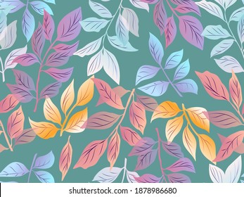 Patrón ininterrumpido de planta brillante. Hojas coloridas en tonos pastel. Patrón de decoración y diseño de tela, papel, embalaje, servilletas.