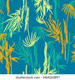 Bright plants and foliage forest with neon leafs. Hand drawn silhouettes of bamboo plants.  Fluorescent blue green seamless patern. Trend swimwear texture. Vector illustration.