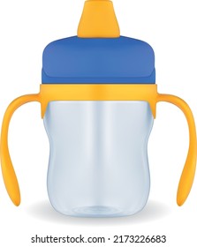 Bright plastic children's training cup with a nose and handles. Vector EPS-10