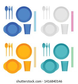 Bright plastic tableware and napkins isolated on white. Plastic dishes, plastic plate, fork, spoon, knife, glass, tube