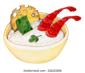 bright plate with white plus rice seaweed shrimp and cakes - healthy food - watercolor vector drawing