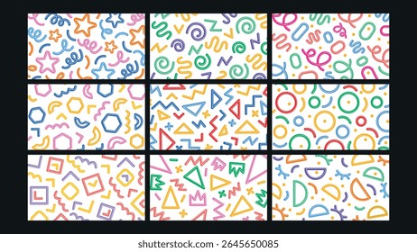 Bright and playful abstract background featuring geometric shapes like circles, triangles, and lines in a bold, modern composition.
