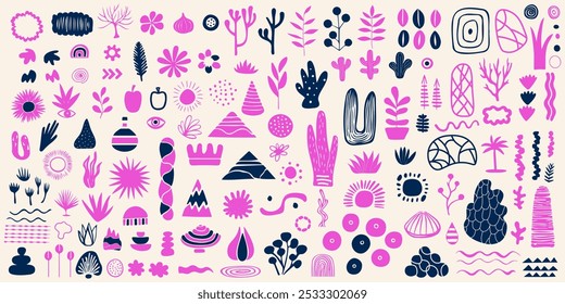 Bright and playful abstract designs fill the canvas, showcasing various flowers, plants, and geometric shapes in shades of pink and navy blue against a light backdrop,set design elements vector.