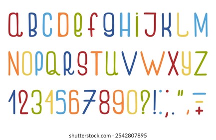 Bright and playful alphabet with letters, numbers, and punctuation. Perfect for educational materials, kids' designs, and creative projects