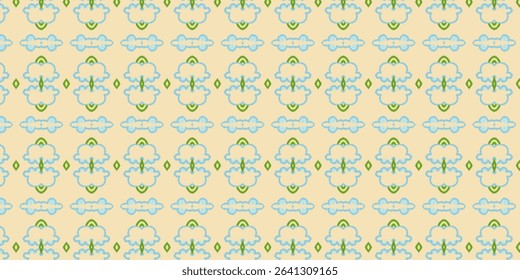Bright and playful beige background with light blue and green floral motifs in seamless repetition. Vibrant, floral, green, seamless, playful, abstract.
