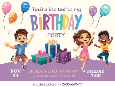 Bright and playful birthday party invitation with colorful typography, happy children jumping, balloons, and wrapped gift boxes. Perfect for children's party design and printable invites.