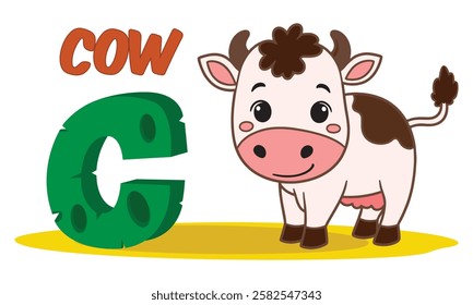 A bright and playful C for Cow vector illustration designed for early education Perfect for preschool learning flashcards and classroom materials isolated on a white background