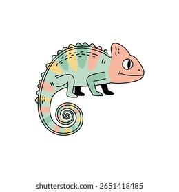 Bright and playful cartoon chameleon features vibrant colors and a friendly smile. Perfect for children's books, educational materials, or fun designs.