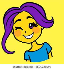 A bright and playful cartoon illustration of a girl with purple hair giving a friendly wink.