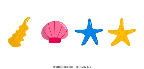 Bright and playful cartoon illustrations of sea creatures including shells, seaweed, and starfish on a gray background.
