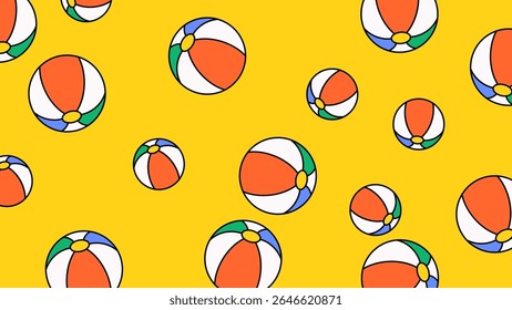 Bright and playful cartoon pattern of multicolored beach balls scattered over a yellow background. Great for summer themes, kids’ designs, beach party invitations, or playful backgrounds.
