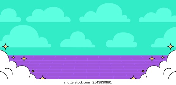 Heller und verspielter Cartoon Retro und moderner flacher Design-Cloud-Hintergrund mit violettem Boden