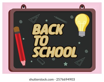 Bright and playful celebrating the back to school season with vibrant elements like a pencil, chalkboard texture, and creative light bulb motif, symbolizing education, creativity.