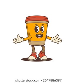 Bright and playful coffee cup mascot with welcoming arms and wide smile brings positive vibes perfect for cafe branding, social media and advertising projects. Retro cartoon style vector illustration