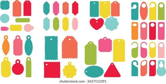 A bright and playful collection of colorful tag and label vector elements including gift tags, price tags, door hangers, and hang tags in various shapes and styles. Perfect for packaging design.