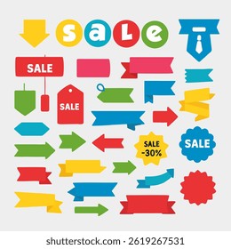 A bright and playful collection of sale banners, discount tags, and promotional labels, perfect for retail marketing, e-commerce events, shopping sales, and festive promotions. Flat vector design with