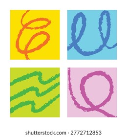Bright, playful composition of four colorful squares filled with energetic brush-stroke scribbles. Vibrant neon palette and textured paint strokes create a modern pop art background suitable for design and decor.