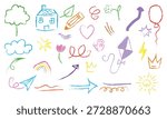Bright and playful kids’ doodle art featuring a rainbow, sun, boat, trees, flowers, clouds, and a little house in crayon style perfect for nursery decor, educational materials, and cheerful design projects.