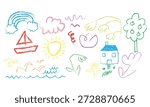 Bright and playful kids’ doodle art featuring a rainbow, sun, boat, trees, flowers, clouds, and a little house in crayon style perfect for nursery decor, educational materials, and cheerful design projects.