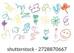 Bright and playful kids’ doodle art featuring a rainbow, sun, boat, trees, flowers, clouds, and a little house in crayon style perfect for nursery decor, educational materials, and cheerful design projects.